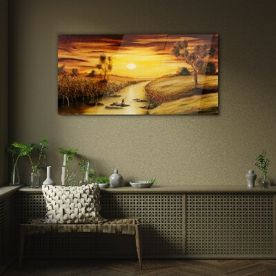 Golden hour on the river Glass Wall Art