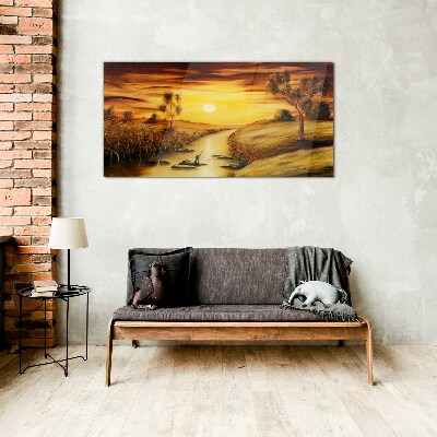 Golden hour on the river Glass Wall Art