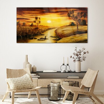 Golden hour on the river Glass Wall Art