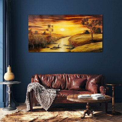 Golden hour on the river Glass Wall Art