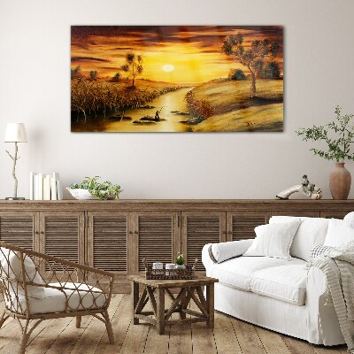 Yellow river landscape trees Glass Wall Art