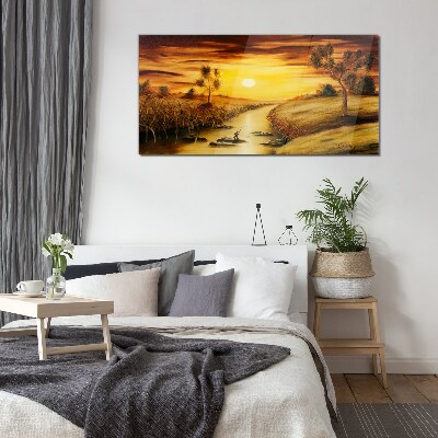 Golden hour on the river Glass Wall Art