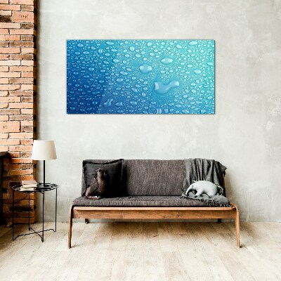Water drops on a blue background Glass Wall Art