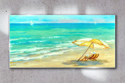 Beach umbrella sea waves Glass Wall Art