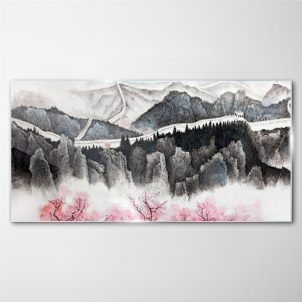A peaceful mountain landscape with flowers Glass Wall Art