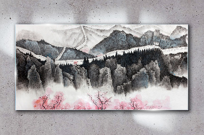 A peaceful mountain landscape with flowers Glass Wall Art
