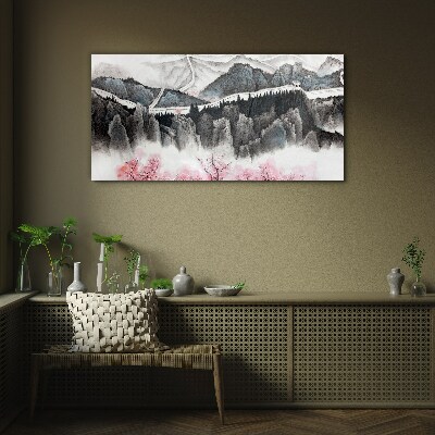 A peaceful mountain landscape with flowers Glass Wall Art