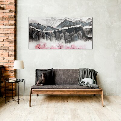 A peaceful mountain landscape with flowers Glass Wall Art