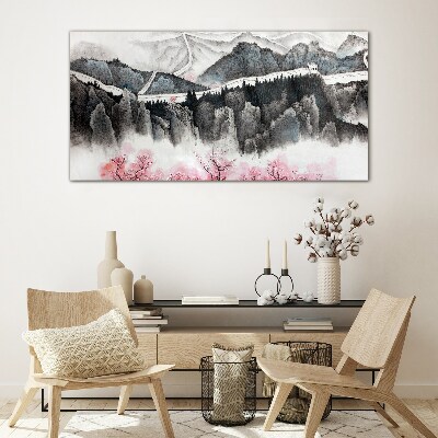 A peaceful mountain landscape with flowers Glass Wall Art