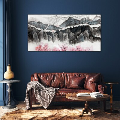A peaceful mountain landscape with flowers Glass Wall Art