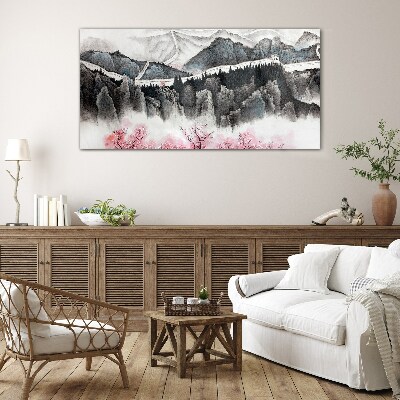 A peaceful mountain landscape with flowers Glass Wall Art
