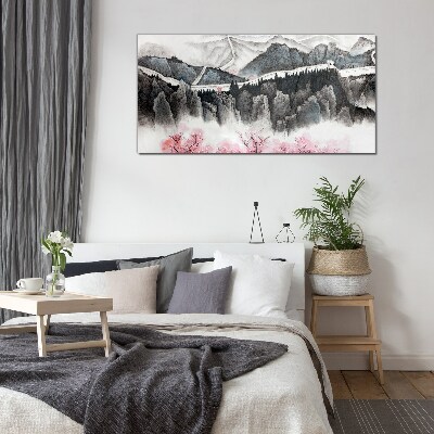 A peaceful mountain landscape with flowers Glass Wall Art