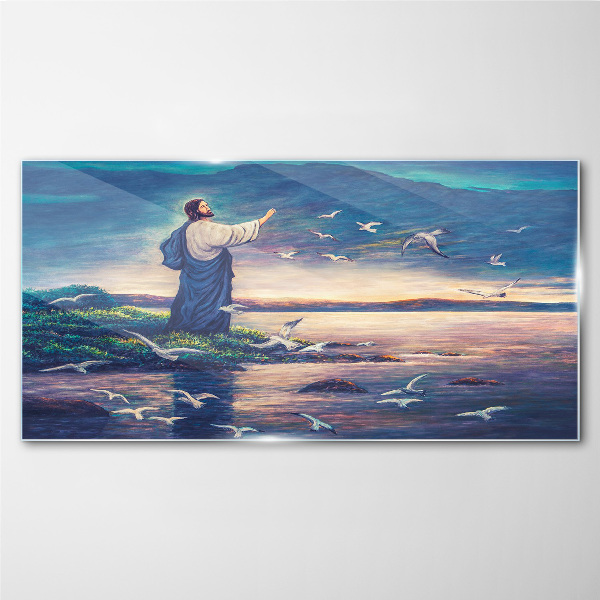 Jesus on the shore with birds Glass Wall Art