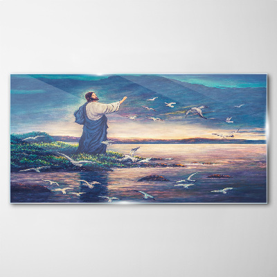 Jesus on the shore with birds Glass Wall Art