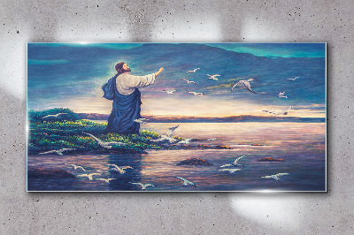 Jesus on the shore with birds Glass Wall Art