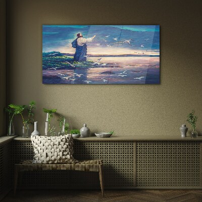 Jesus on the shore with birds Glass Wall Art