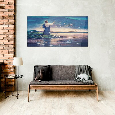 Jesus on the shore with birds Glass Wall Art
