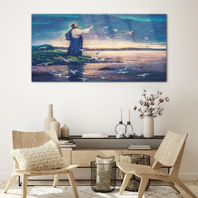 Jesus on the shore with birds Glass Wall Art