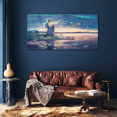 Jesus on the shore with birds Glass Wall Art