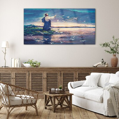 Jesus on the shore with birds Glass Wall Art