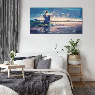 Jesus on the shore with birds Glass Wall Art