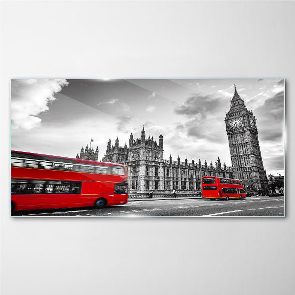 London eye red buses Glass Wall Art
