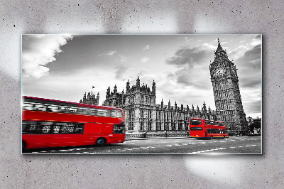 Red bus in London Glass Wall Art