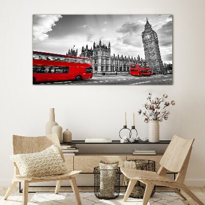Red bus in London Glass Wall Art