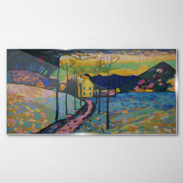 Colorful landscape with a house Glass Wall Art