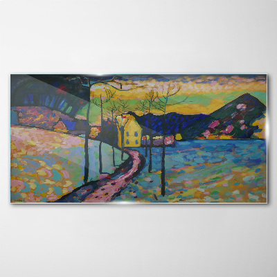 Colorful landscape with a house Glass Wall Art