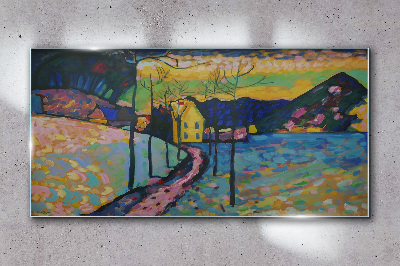 Colorful landscape with a house Glass Wall Art