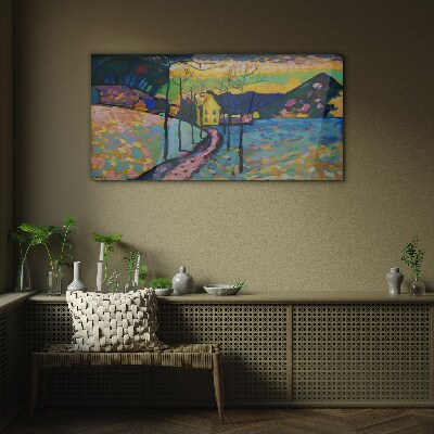Colorful landscape with a house Glass Wall Art