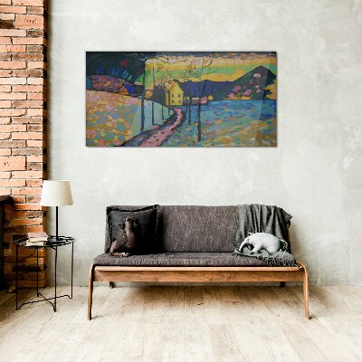Colorful landscape with a house Glass Wall Art