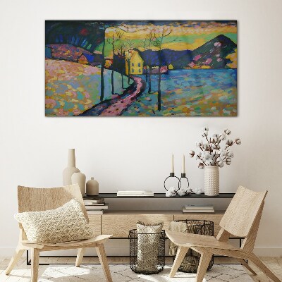 Colorful landscape with a house Glass Wall Art
