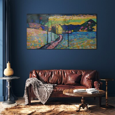 Colorful landscape with a house Glass Wall Art