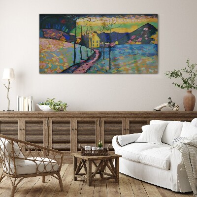 Colorful landscape with a house Glass Wall Art