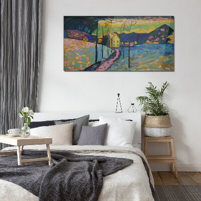 Colorful landscape with a house Glass Wall Art