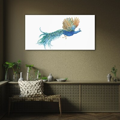 Colorful peacock in motion Glass Wall Art