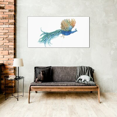 Colorful peacock in motion Glass Wall Art