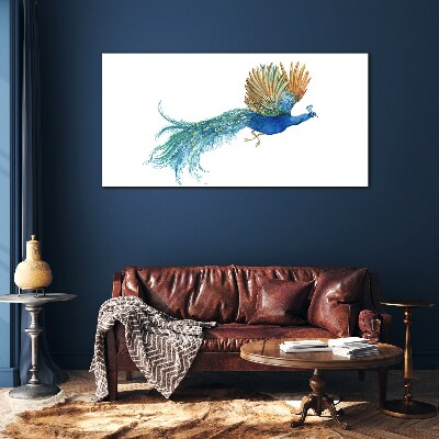 Colorful peacock in motion Glass Wall Art