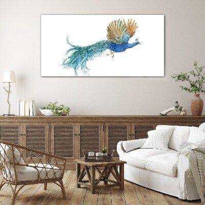 Colorful peacock in motion Glass Wall Art