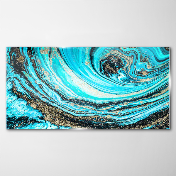 Ocean swirls in blue and gold Glass Wall Art