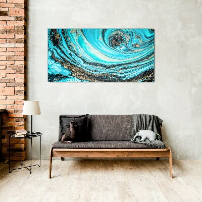 Ocean swirls in blue and gold Glass Wall Art