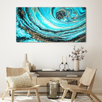 Ocean swirls in blue and gold Glass Wall Art