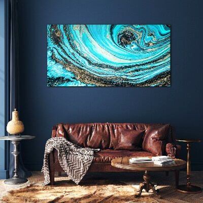 Ocean swirls in blue and gold Glass Wall Art