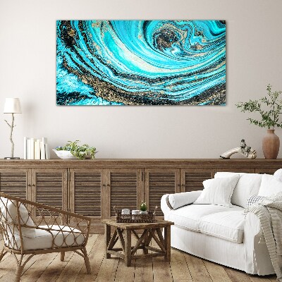 Ocean swirls in blue and gold Glass Wall Art