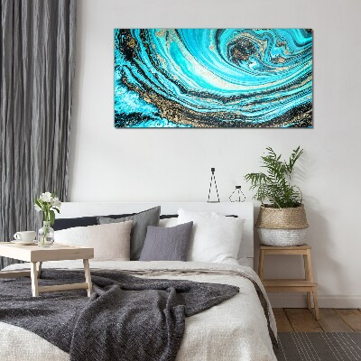 Ocean swirls in blue and gold Glass Wall Art