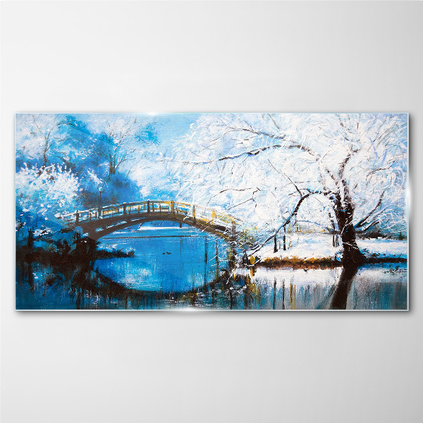 Winter bridge in a blue landscape Glass Wall Art