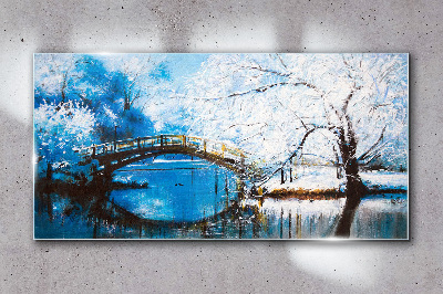 Winter bridge in a blue landscape Glass Wall Art