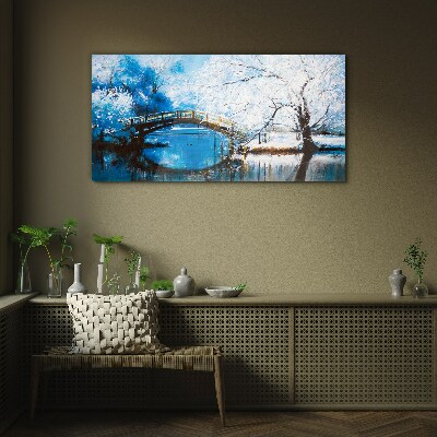 Winter bridge in a blue landscape Glass Wall Art